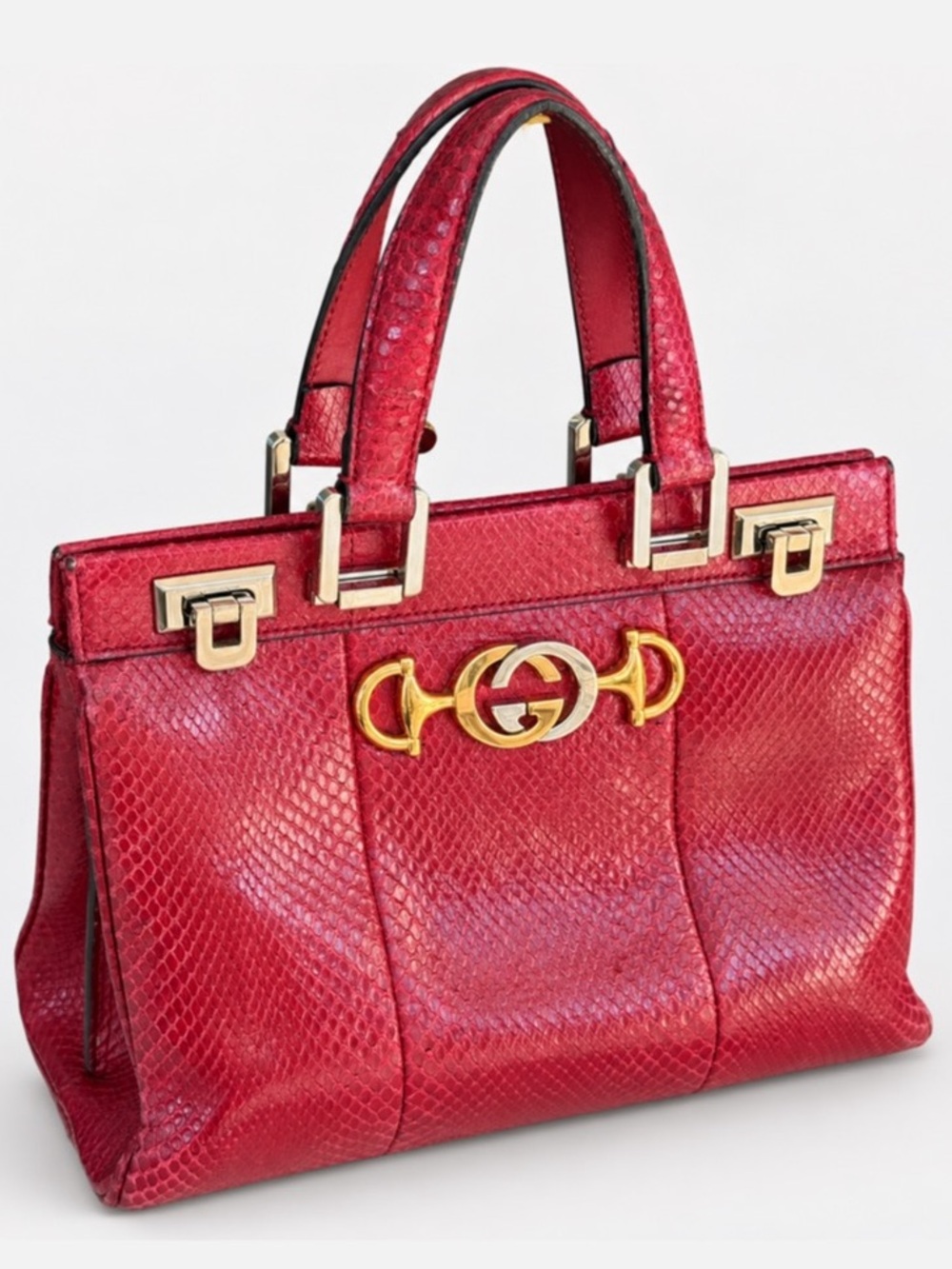 Gucci Zumi Medium Top Handle Bag Red Python Interlocking G Horsebit Rare